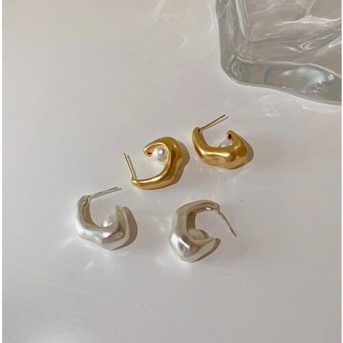 TARCLIY New Frosted Textured Geometric Metal Irregular C Shape Pearl Ear Studs Women Simple Temperament Earrings Party Jewelry
