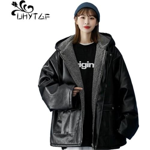 UHYTGF Leather Jacket Women Hood Plus size Coat Winter Jacket Women Streetwear Outerwear Thick Lamb Wool Coat Manteau Femme 901