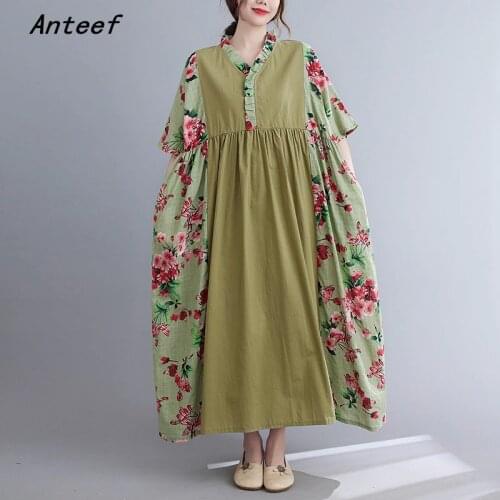 Short sleeve cotton vintage floral dresses for women casual loose long woman summer dress elegant clothes 2021