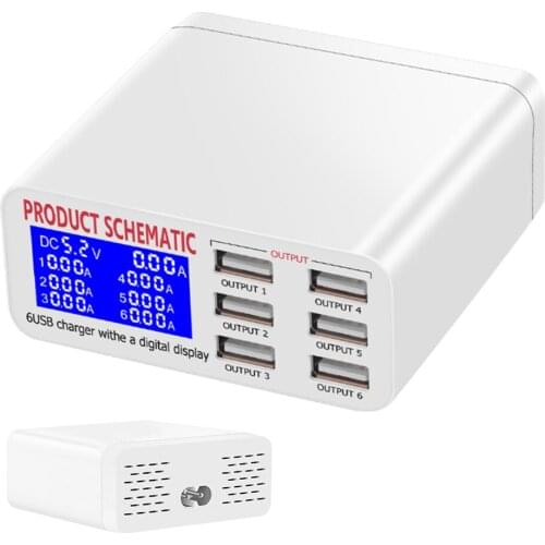 USB Charger with LCD Display 6 Ports 5V 8A QC3.0 Desktop Mobile Phone Charger Smart Fast Charging for Smartphones Tablet PC