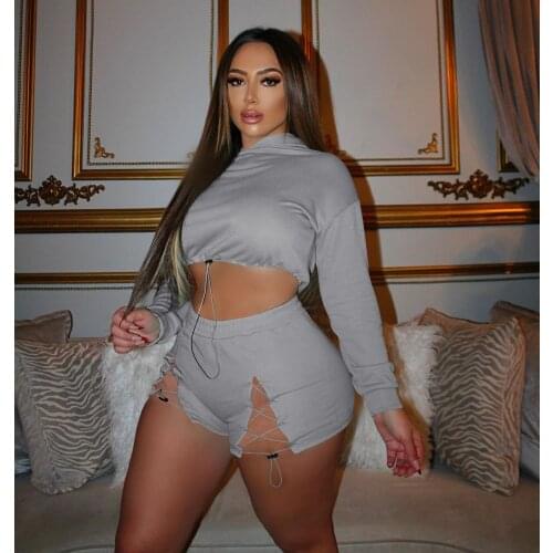 Casual Solid Sportswear Fitness Two Piece Set Women Drawstring Long Sleeve Hooded Crop Top + Slit Lace Up Shorts Matching Set