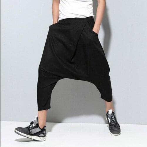 27-44 New Men Large Size Crotch Pants Loose Casual Feet Pants Fashion Hairstylist Low Cross Pants Tide Male Nine Pants Costumes