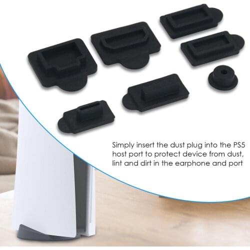 7pcs Black Silicone Dust Plugs Set USB HDM Interface Anti-dust Cover Dustproof Plug For PS5 Game Console Accessories Parts