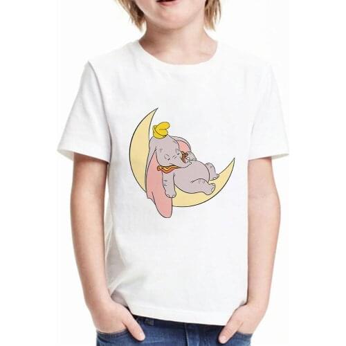 90cm-150cm Disney Animated Films T Shirt Children Casual Harajuku T-Shirt Dumbo Elephant Sleeping In The Moon Print T Shirt Tops
