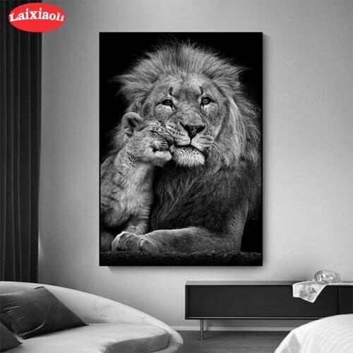 Diamond Painting Black and white animal art lion parent-child Full Drill Square DIY Diamond Cross Stitch Mosaic round Home Decor