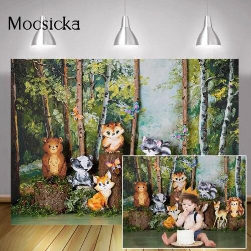 Newborn Jungle Animals Cake Smash Backdrop Photo Shoot Woodland Children Portrait Background Painting Green Forest Photocall