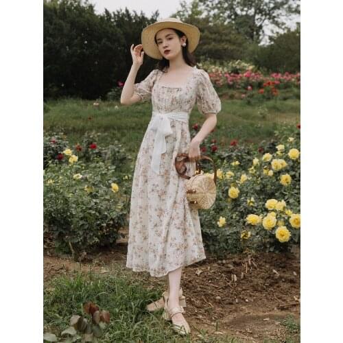 Ruffled Square Collar Elegant Chic Floral Dress Female Summer 2021 French Vintage Girl High Waist Bow Tie Temperament Vestido