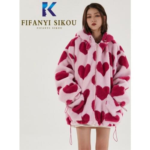 Faux Lamb Fur Jacket Women Fashion Print Hooded Fur Coat Winter Thick Warm Overcoat Female Loose Plus Size Plush Coat Streetwear
