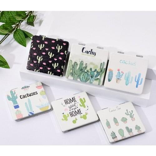 Square Makeup Mirror Cartoon Cactus Handhold Mirror Unique Double Sided Magnifying Portable Compact Mirror Makeup For Women Girl