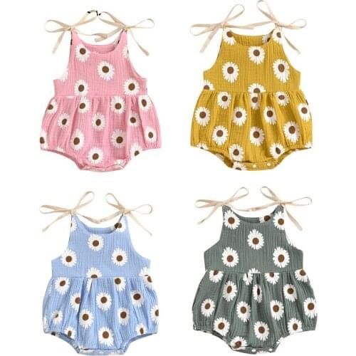 4 Colors Summer Baby Girls Rompers Sunflowers Printed Strap Sleeveless Belt Jumpsuits Outfits 0-24M