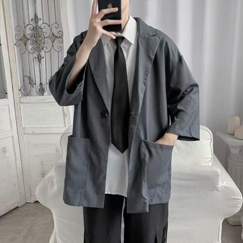 Summer thin small suit mens three-quarter sleeves large size Hong Kong style loose students all-match short-sleeved jacket tide