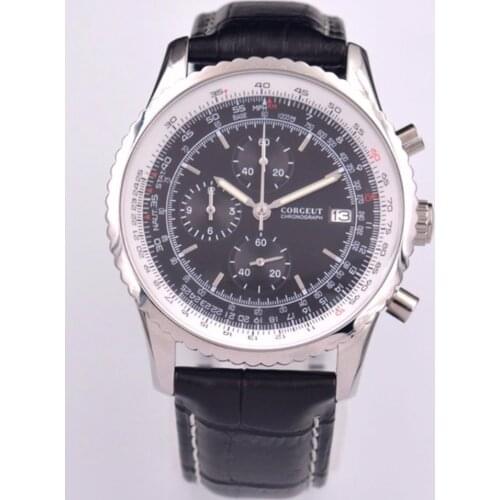 CORGEUT Mens Quartz Watch Black Chronograph Mens Watches Top Brand Luxury Male Fashion Leather Wristwatch Date Relogio 46mm