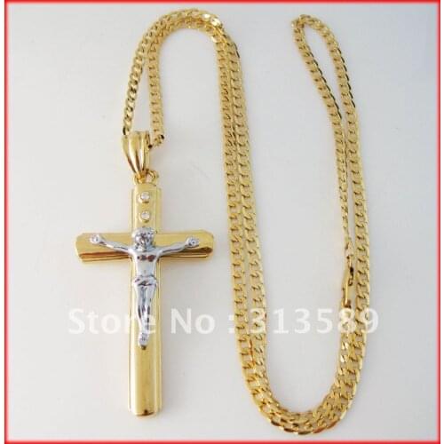 Men Woman YELLOW GOLD Plated 24inch 1 by 1 LINK CUBAN NECKLACE& White Gold Plated JESUS CROSS GOD CZ STONE PENDANT Great Gifts