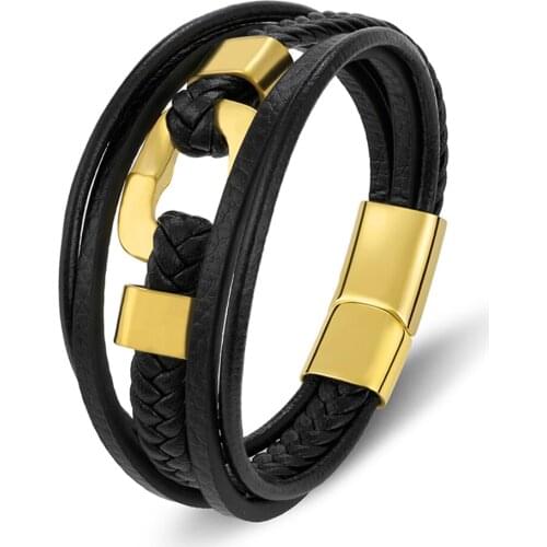 Punk Men Jewelry Black Gold Rope Braided Leather Bracelet Men Rock Hip Hop Magnetic Clasp Wholesale Luxury Bangles Jewelry