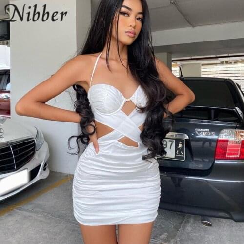 Nibber Fashion Sexy Solid Color Mini Dress Halter Neck Sleeveless Hollow Sexy Slim For Womens Vacation Party Night Clubwear New