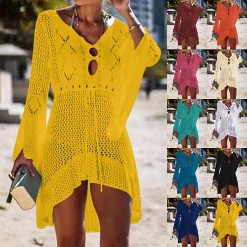 Beach Cover Up Crochet Knitteds Tassel Tie Beachwear Tunic Long Pareos Summer Swimsuit Cover Up Sexy See-through Beach Dress