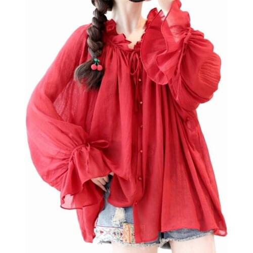 Cotton Linen Red Women Shirts Loose Vintage Summer Ruffles Flare Sleeved Overiszed Design Female Outwear Coats Tops