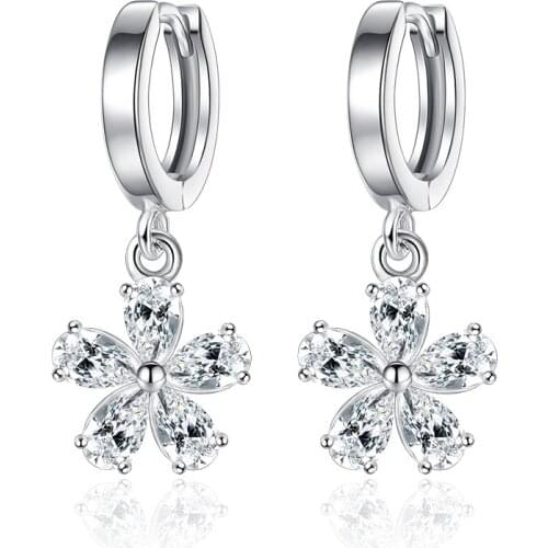 S925 Silver Earring Crystal Pear Flower Hoop Earring For Women Wedding Gift Lady Girl Fashion Jewelry