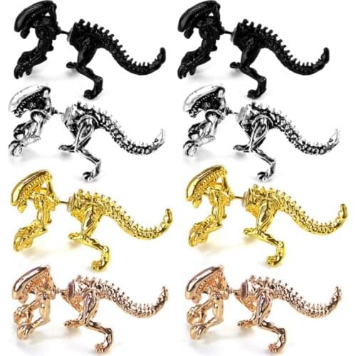 ZRM 2pcs/pairs Fashion Jewelry 3D Scary Monster Alien Stud Earring Black Color Dinosaur Earring For Women Men Halloween Gift