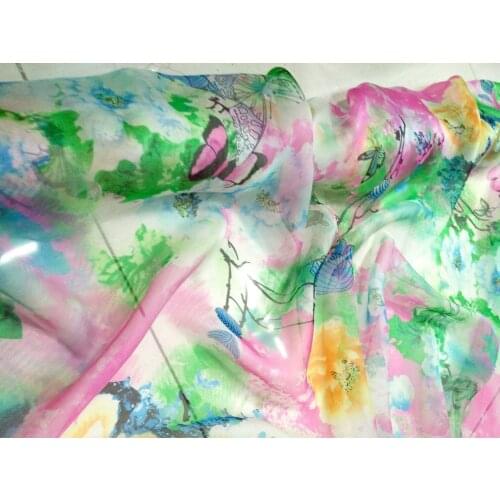 Silks 2021 Designer 100% Pure Mulberry Silk Chiffon Fabric Green Flowers Printed Shirt Clothes Dress Decoration Scarf 8mm Tissu