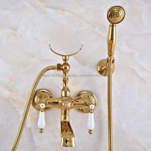 Gold Color Brass Dual Handles Brass Bathtub Faucet Set Wall Mount with Handshower Bath Shower Mixer Taps Nna901