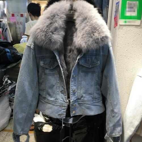 Winter Warm Real Fox fur Coat Natural Fur Collar + Real Rabbit Hair Liner Denim fur Jacket Femal fur parkas Fur Outerwear F2228