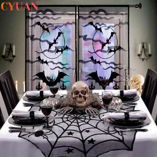 Halloween Decor Black Lace Spiderweb Fireplace Mantel Scarf Cover Cobweb Tablecloth Bat Window Curtains Halloween Party Supplies