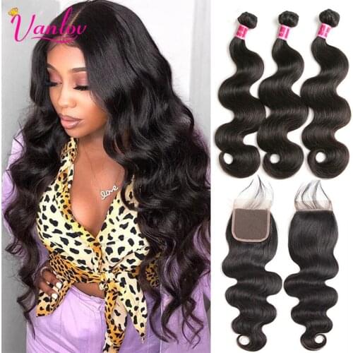 Vanlov Body Wave Hair Bundles With Closure Indian Human Hair Weave Bundles With Closure Pre Plucked 4x4 Remy Hair Extensions