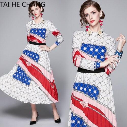 Women New Fashion Autumn Elegant Office Vintage Party Runway Print Long Sleeve Shirt + Midi Pleated Skirt 2 Pieces Sets