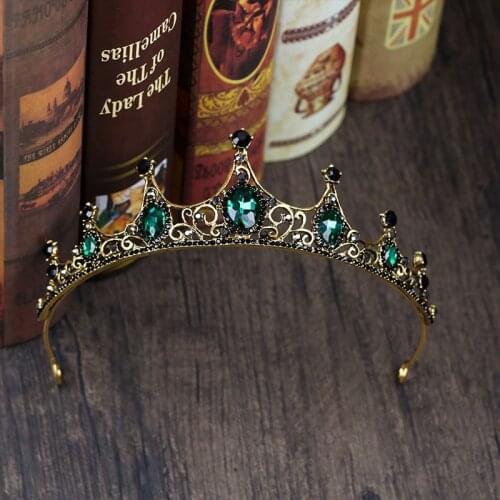 Women Vintage Small Baroque Green Crystal Bridal Crown Boutique Bride Noiva Diadem Wedding Headpiece Hair Jewelry Ornaments JL