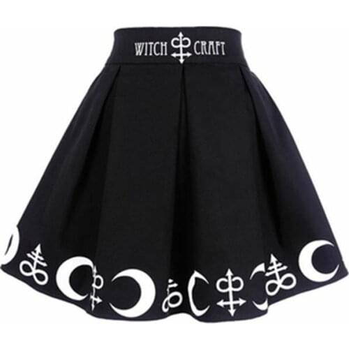 Summer Women Witch Moon Printed Harajuku Punk Rock Gothic Skirt High Waist Witch Craft Moon Star Print Goth Pleated Skirts