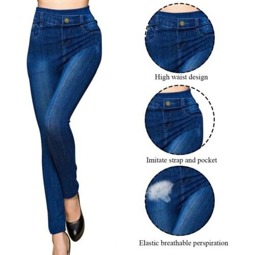 Women High Navy Blue Jeans Waist Pockets Button Seamless Leggings Skinny Pencil Pants Jeans