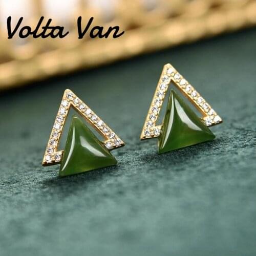 Volta Van 925 Sterling Silver Women Stud Earrings 2021 New Natural Jasper Fine Jewelry Elegant Geometric Triangle Zircon Earring