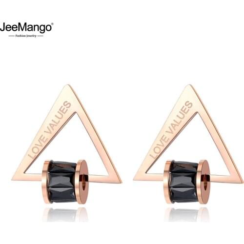 JeeMango Stainless Steel Triangle Love Trendy Earrings Jewelry For Women Rose Gold White/Black Cubic Zirconia Earring JE19042