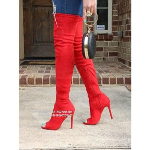 Red Slim Fit ElasticThigh High Boots Women Over The Knee High Quality Designer Open Toe Thin High Heel Long Boots for Women