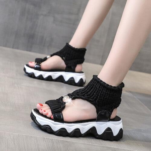 Women Knitting Wrap Ankle Sandals Ladies 5 cm Platform Flat Heel Sandals Slip-on 2020 Summer Female Fashion Shoes Gray 34-41