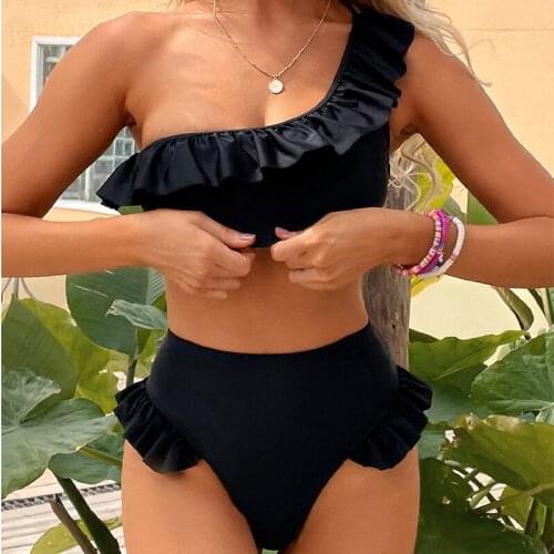 Sexy One Shoulder Ruffle Bikini 2021 Women Solid White Push Up Padded High Waist Swimsuit Beach Bathing Suit Swimwear Biquini