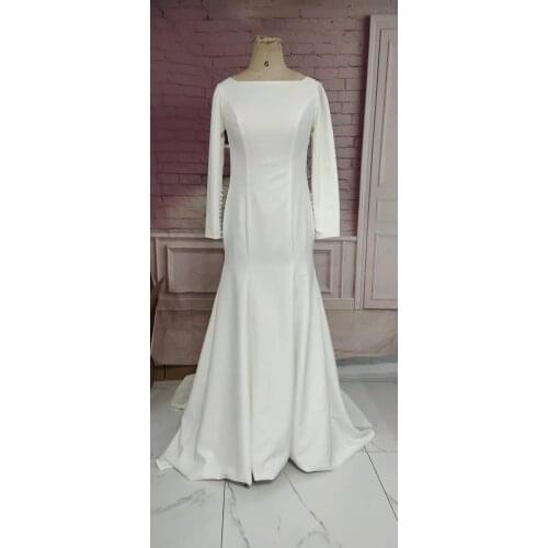 Vintage Long Satin Wedding Dresses with Bow Mermaid Floor Length Sweep Train Maxi O-Neck Bridal Gowns for Women