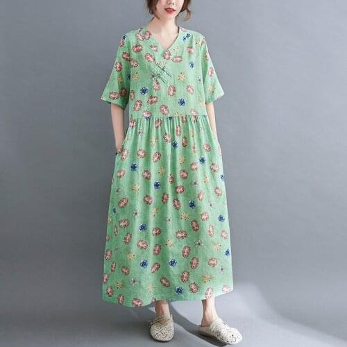 Women Summer Cotton Linen Casual Dress New Arrival 2021 Vintage Style V-neck Print Loose Comfortable Female Long Dresses S3769