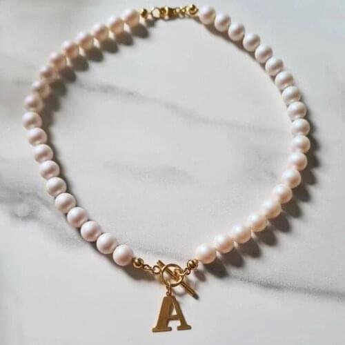 Women Trendy Classic Natural Pearl Necklace Stainless Steel Letter Pendant High-quality Jewelry цепь на шею женская Undefined