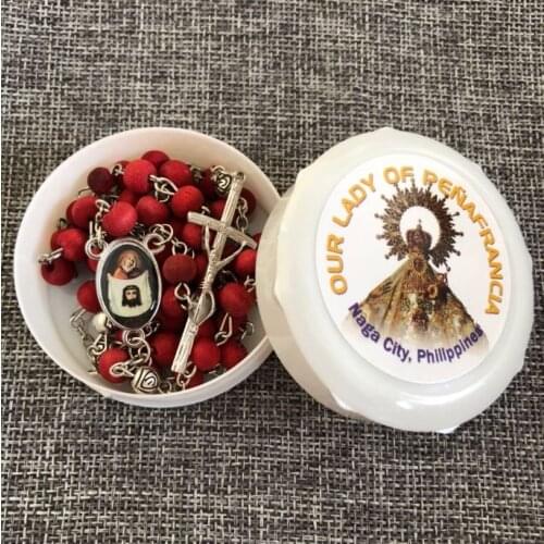 7mm red wood bead perfume rosary necklace metal rose spacer with white rosary box Our Lady of Penafrancia