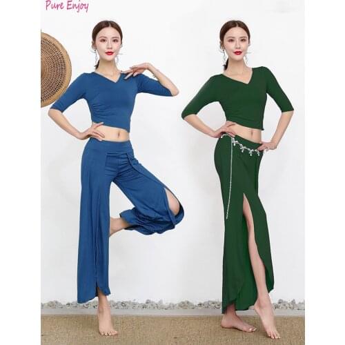 8 colors Belly dance costume sexy short sleeves top+modal waist pants 2pcs/suit for belly dancing set