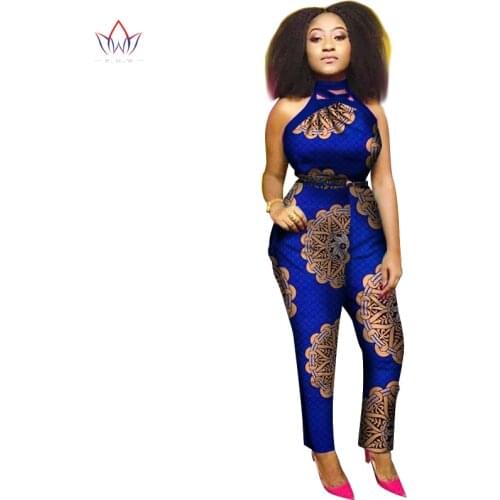 Bintarealwax Africa Cotton Wax Print Romper African Bazin Riche Sexy Jumpsuit For Women Dashiki Hanging Neck Jumpsuit WY1998
