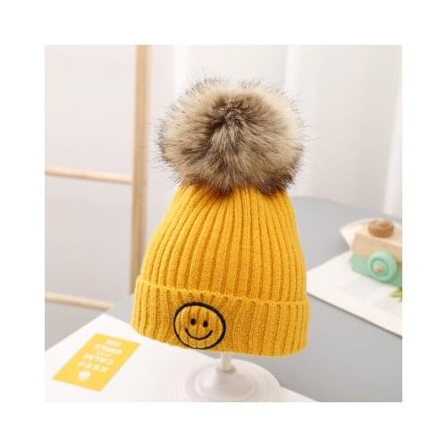 Big Fur Pom pom smile Beanie Hats Kids Girls Boys Warm Knitted smile Winter Hat Baby Fur pompom Beanies Cap