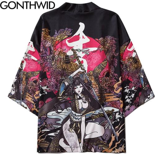 GONTHWID Harajuku Japanese Samurai Girl Print Streetwear Kimono Cardigan Shirts Mens Hip Hop Casual Open Front Jackets Coat Tops