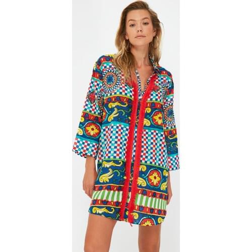 Mosaic Pattern Tassels Voile Shirt, Ethnic, Vivid Colors, Do not Sweat, Do not Fade, Cotton, casual, daily, Bikini Top, Beach Fashion