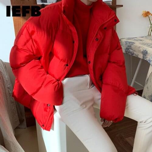 IEFB Red Coats Mens Loose Oversized Cotton Jacket Winter Coat Korean Trend Stand Collar Short Padded Jackets 2021 New 9Y9416