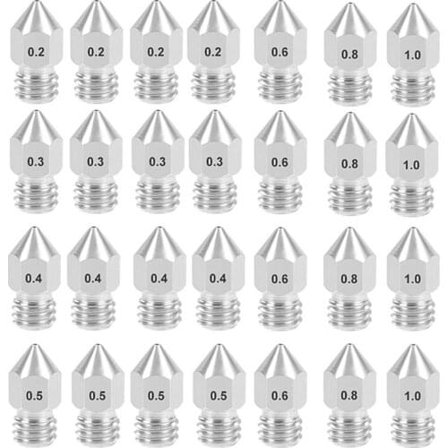 28 Pcs MK8 Nozzle 0.2mm 0.3mm 0.4mm 0.5mm 0.6mm 0.8mm 1mm M6 Threaded Stainless Steel for 1.75mm Filament 3D Printer Extruder Pr