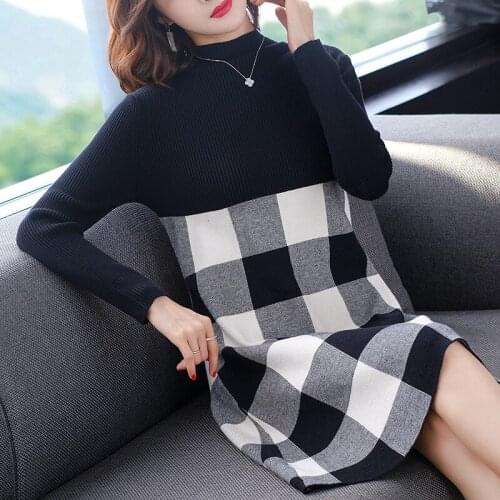 New arrival autumn & spring ladies patchwork plaid office fashion solid color casual slim sweater dress pullovers