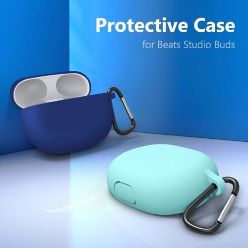 Solid Color Wireless Earbuds Case w/ Hook Silicone Protective Shell Anti-Fall Shockproof Protector Cover for Beats Studio Buds